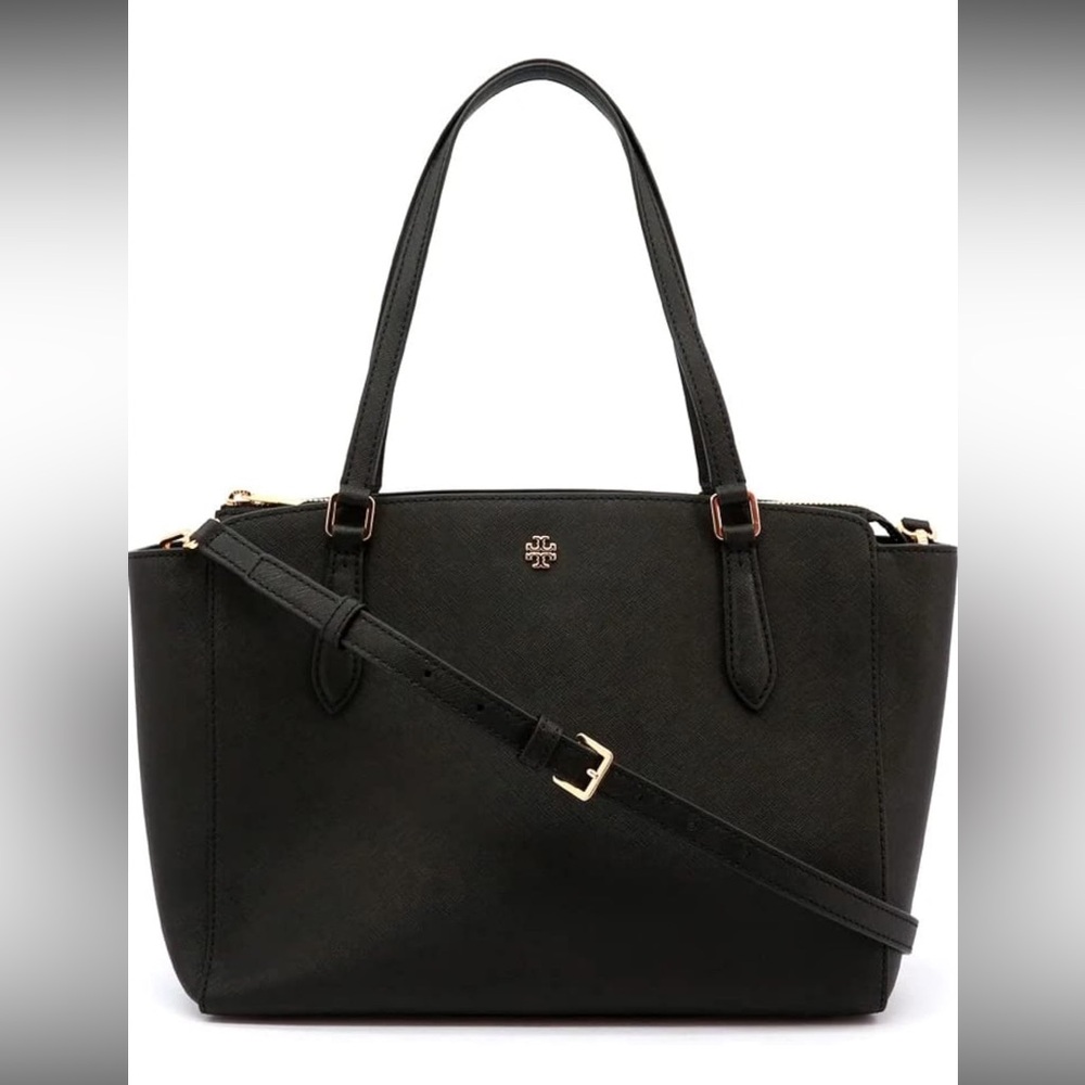 TORY BURCH Saffiano Leather Black Emerson Top Zip Satchel Tote Purse Like New